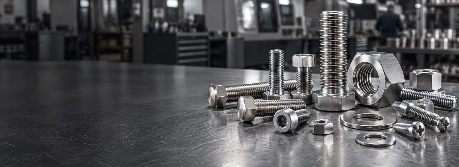 Assorted Kundan stainless steel nuts, bolts and washers on a workbench