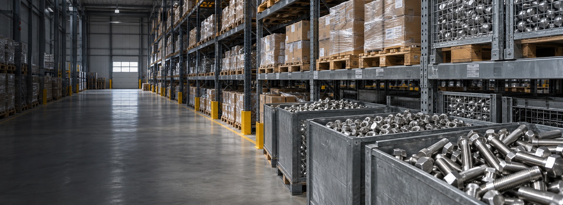 Warehouse with pallets of packed fasteners ready for dispatch