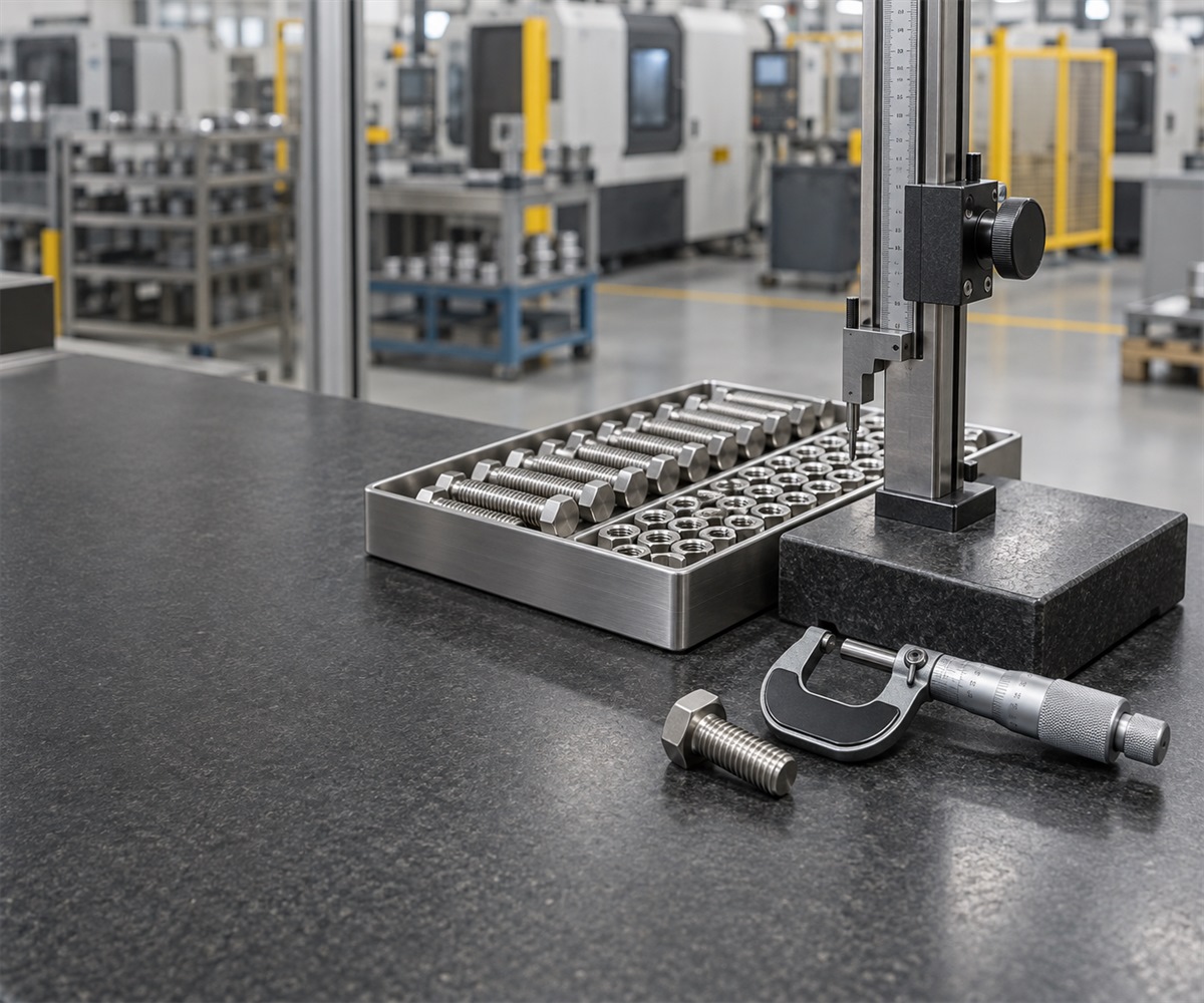 Machined components arranged in trays on the shop floor